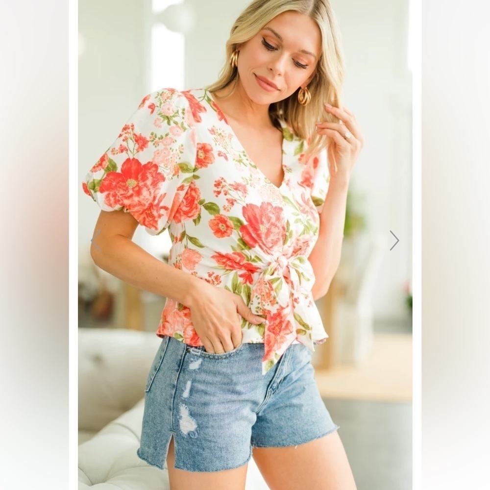 DO + BE Linen Blend Orange Floral Tie Front Blouse